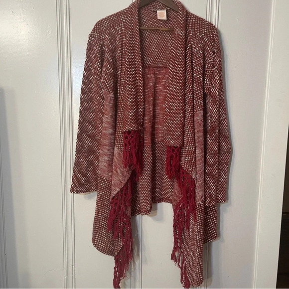 FLYING TOMATO Red Open Front Long Tassel Waterfall Sweater Cardigan Size Large - Picture 2 of 12